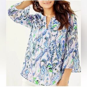 LILLY PULITZER ELENORA SILK BLOUSE TAILS OF THE SEA METALLICS Size M
